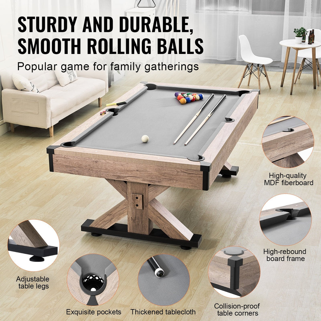Billiards Table Combo Set, 7ft 3-in-1 Multi Game Table With Dining, Pool, And Tennis Table, Includes Full Set Of Accessories, Wood Color With Grey Cloth, Perfect For Family Game Room Kids Adults