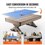 Billiards Table Combo Set, 7ft 3-in-1 Multi Game Table With Dining, Pool, And Tennis Table, Includes Full Set Of Accessories, Wood Color With Grey Cloth, Perfect For Family Game Room Kids Adults