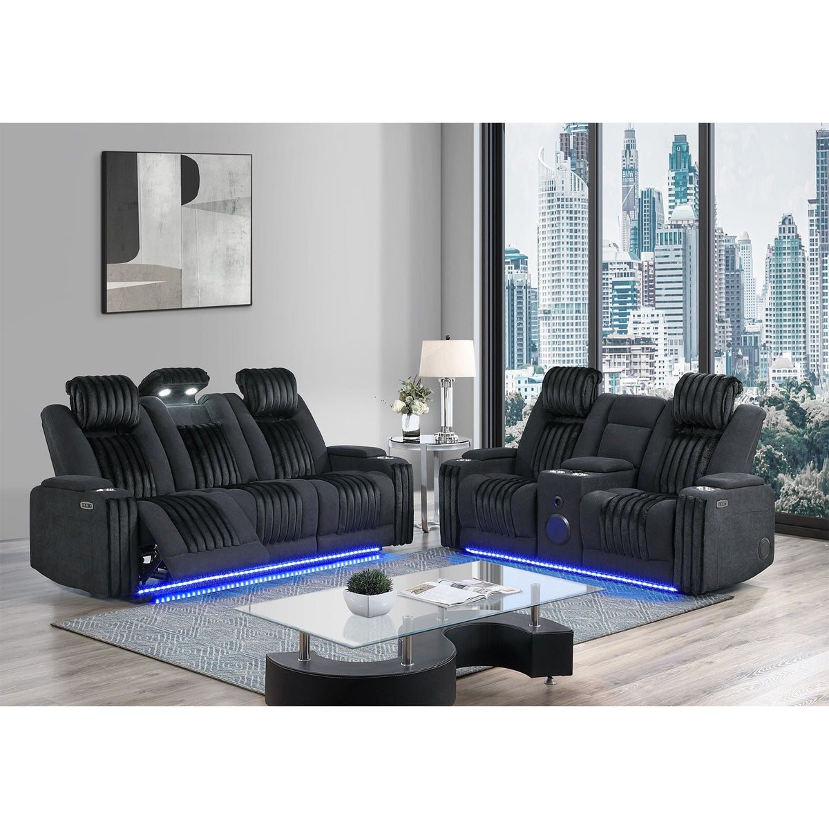 Power Reclining Loveseat with Bluetooth Speaker and Power Headrest - Black, Dark Brown, Dark Gray